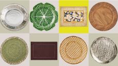 a two by four checkerboard background with eight different charger plates and placemats filling each of the boxes