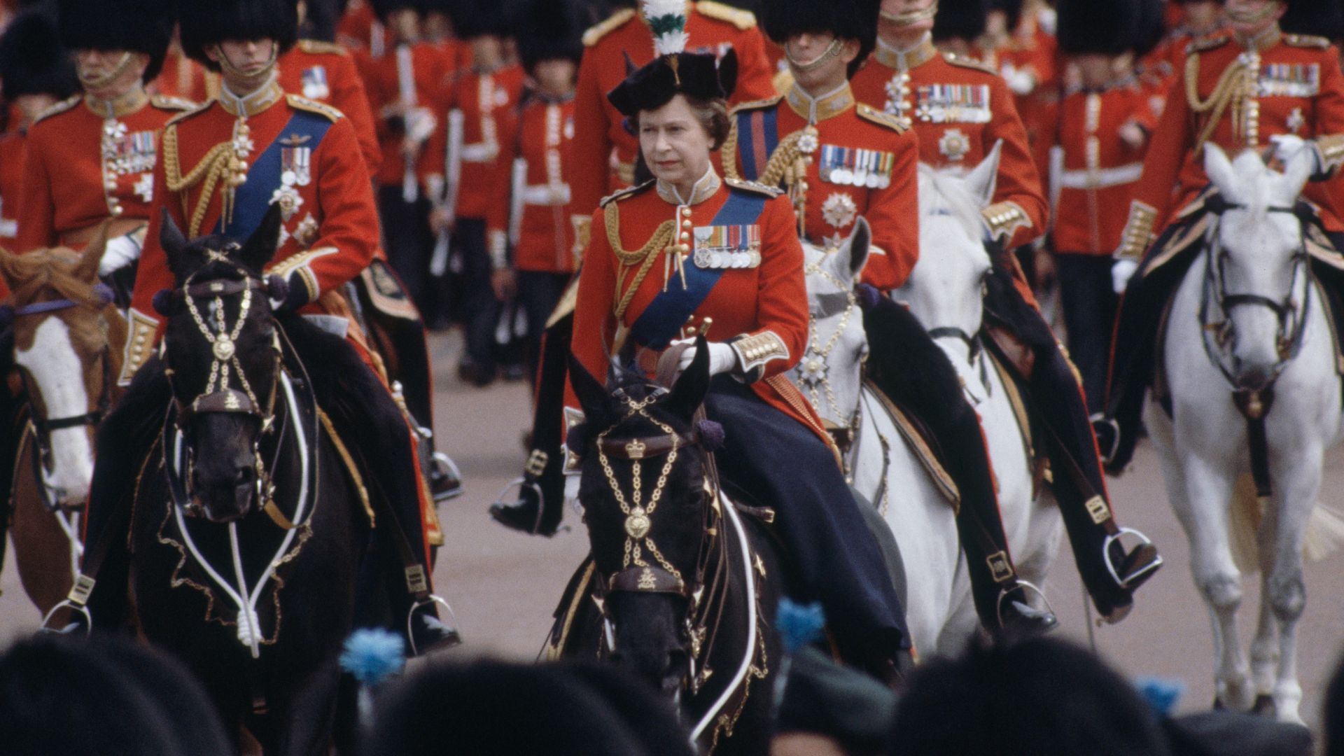 Queen Elizabeth II on horseback during Trooping the Colour 1981
