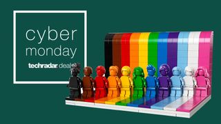 The Lego everyone is Awesome set, which features a rainbow of characters is next to a sign saying Cyber Monday