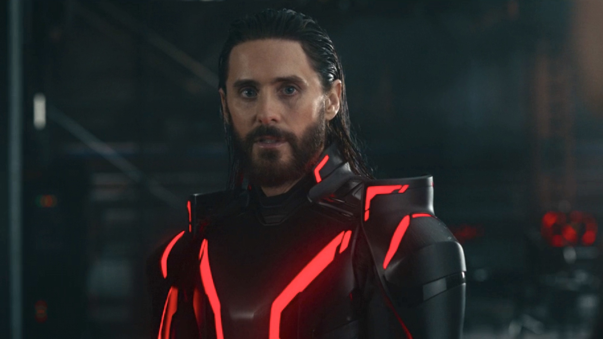 Jared Leto during Tron: Ares' firefly scene.