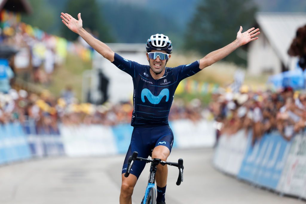 LLEX FRANCE AUGUST 11 Antonio Pedrero Lopez of Spain and Movistar Team celebrates at finish line as stage winner during the 34th Tour de lAin 2022 Stage 3 a 131km stage from Plateau dHauteville to Llex 904m TDA22 on August 11 2022 in Llex France Photo by Bas CzerwinskiGetty Images
