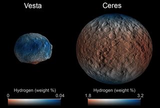 A map of hydrogen on the asteroids Vesta and Ceres. The hydrogen indicates the presence of water ice.