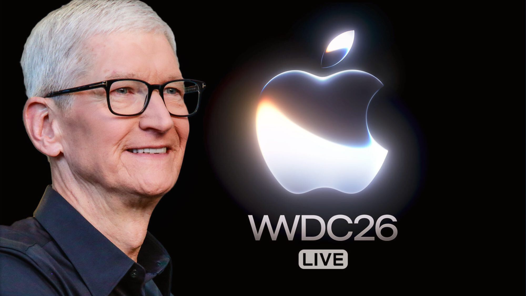 Tim Cook with WWDC 2026 logo.