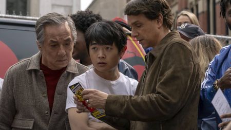 Jackie Chan as Mr Han, Ben Wang as Li Fong, and Ralph Macchio as Daniel LaRusso in Karate Kid: Legends