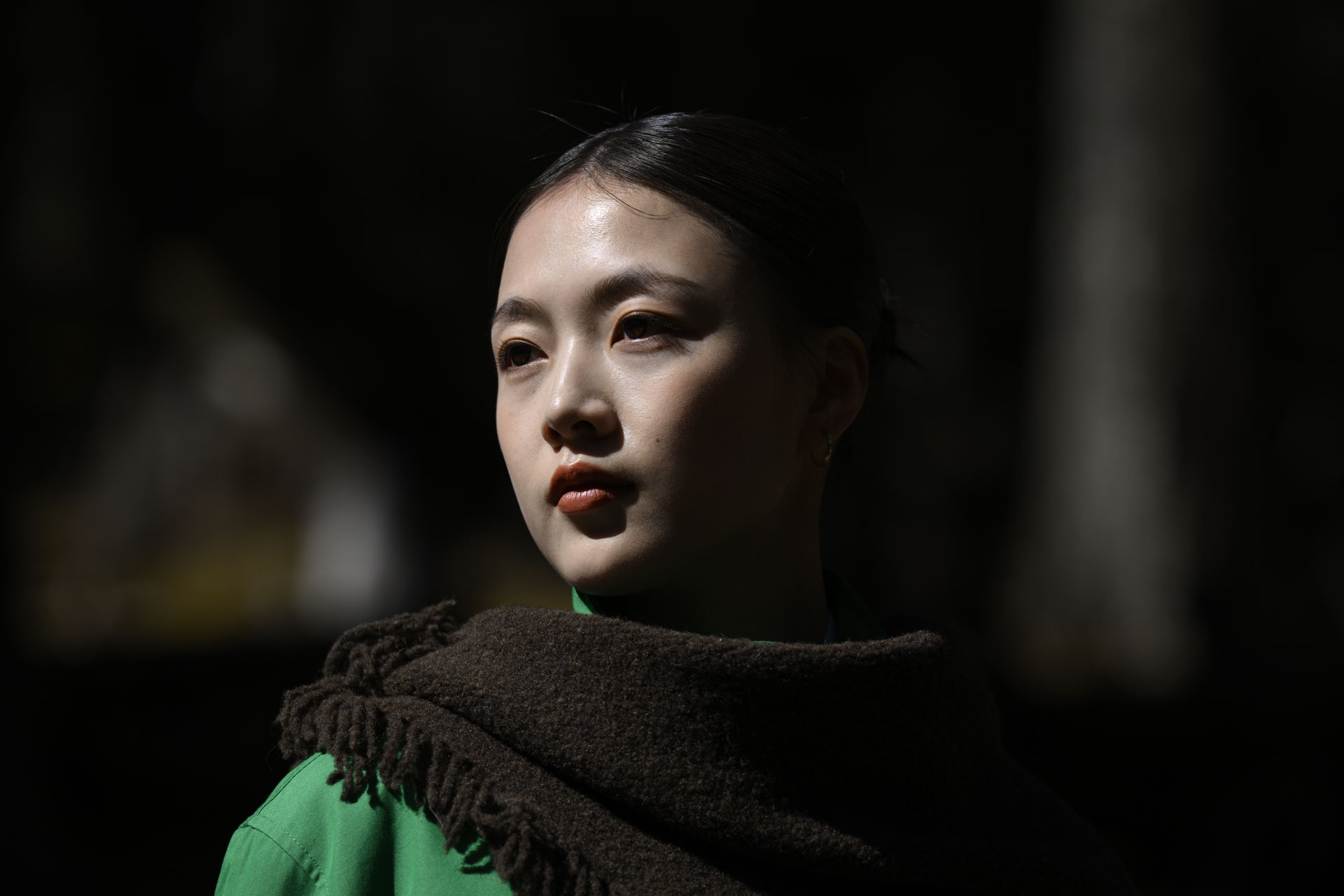 Nikon Z 70-200mm f/2.8 VR S II image gallery: Chinese female model in green jacked and brown scarf, there's strong contrast sunlight and blurred woodland behind her
