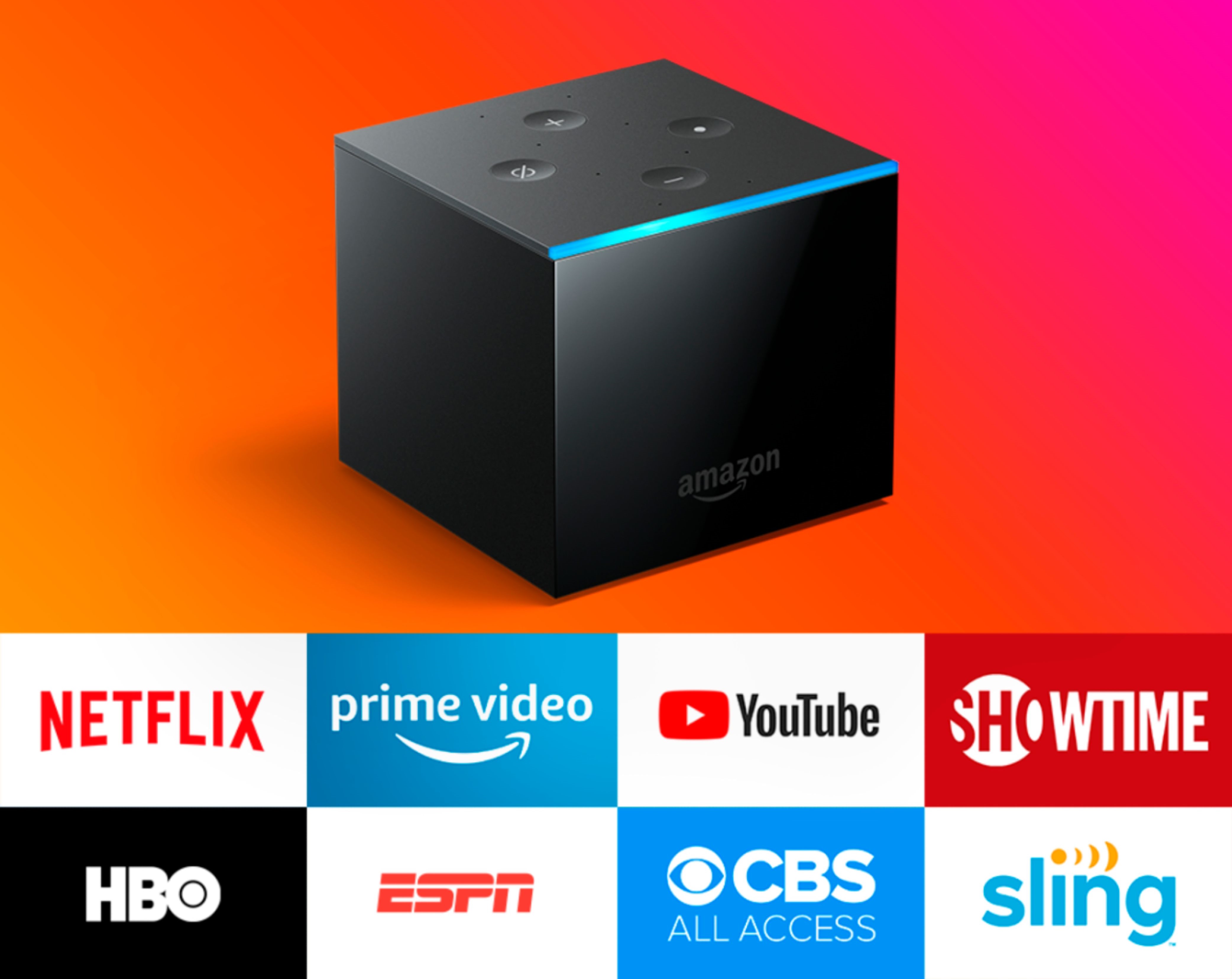 Amazon Fire TV Cube with list of services