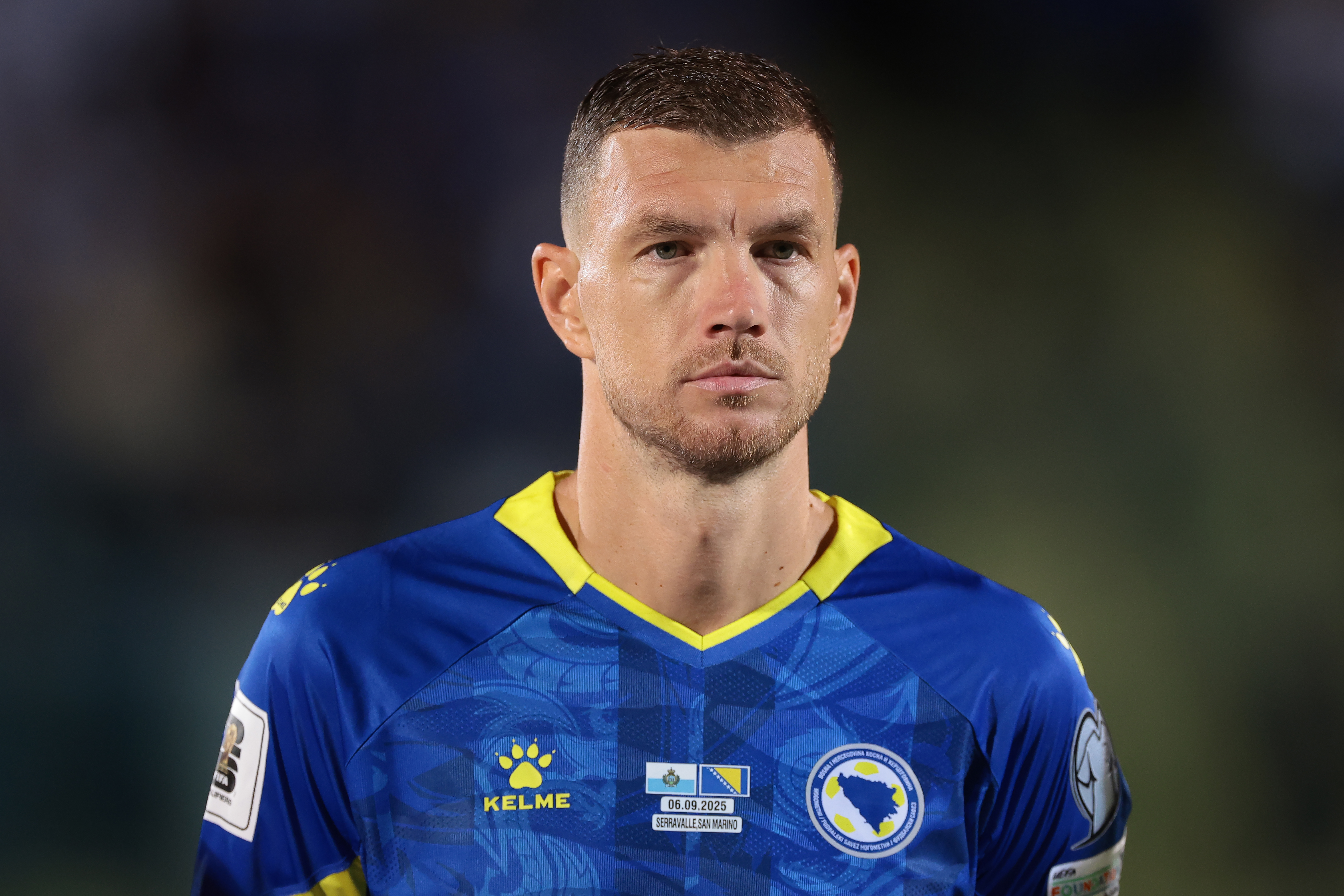 SAN MARINO, SAN MARINO - SEPTEMBER 06: Edin Dzeko of Bosnia and Herzegovina looks on during the line up prior to the FIFA World Cup 2026 qualifier match between San Marino and Bosnia and Herzegovina at  on September 06, 2025 in San Marino, San Marino. (Photo by Jonathan Moscrop/Getty Images)
