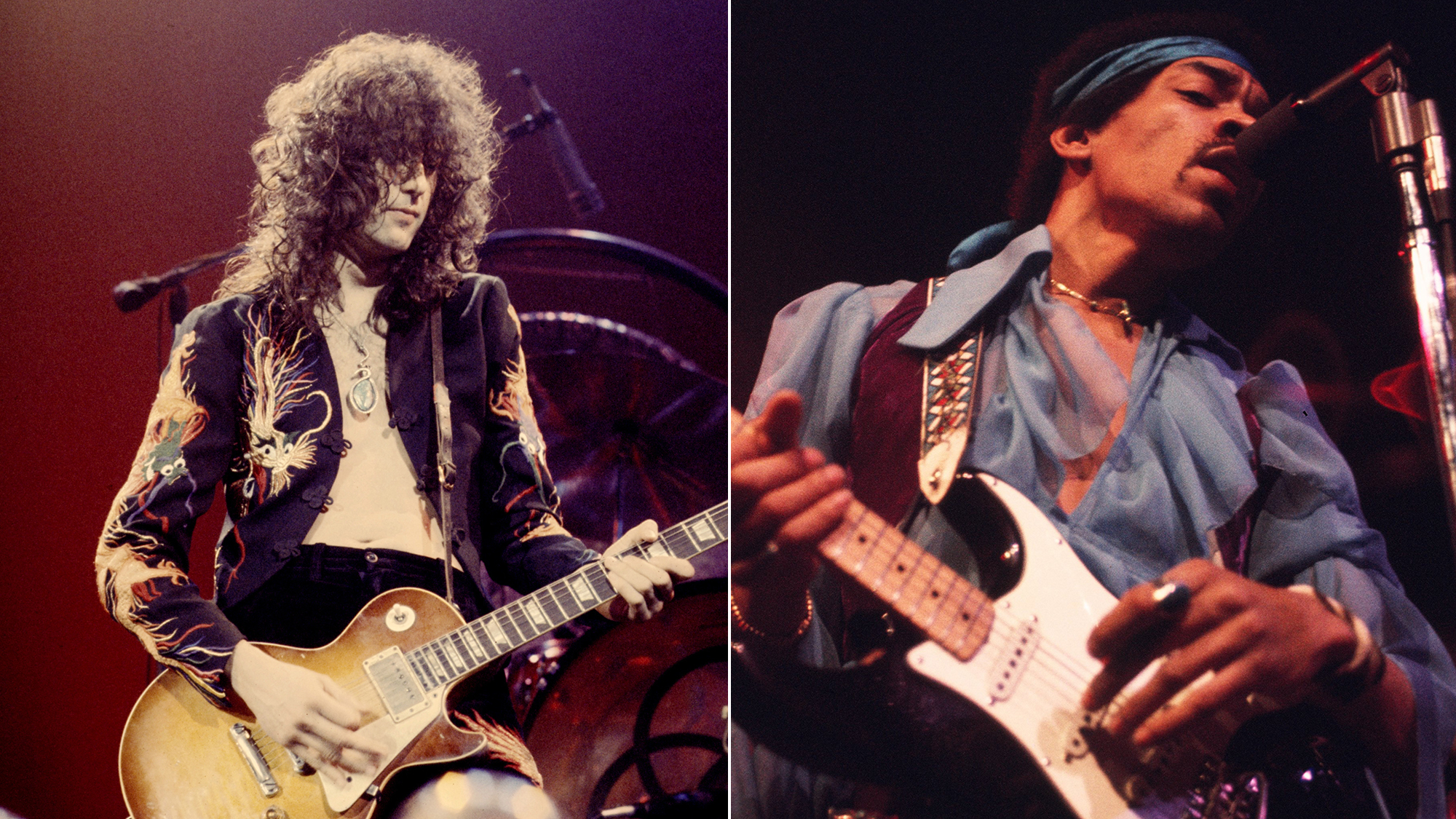Led Zeppelin 1975 Jimmy Page AND Jimi Hendrix (1942 - 1970) performing at Madison Square Garden, New York City, 18th May 1969