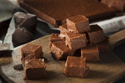 Pieces of chocolate fudge arranged on a board