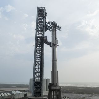 SpaceX's Starship vehicle sits fully stacked at the Starbase facility in South Texas on April 6, 2023, ahead of a planned orbital test flight attempt.