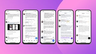 Five identical looking social media platforms on mobile displays