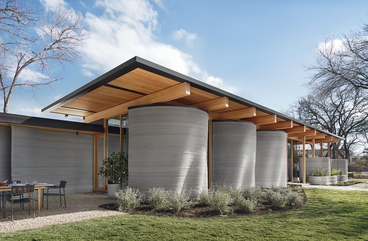 modern house with big curved pillars