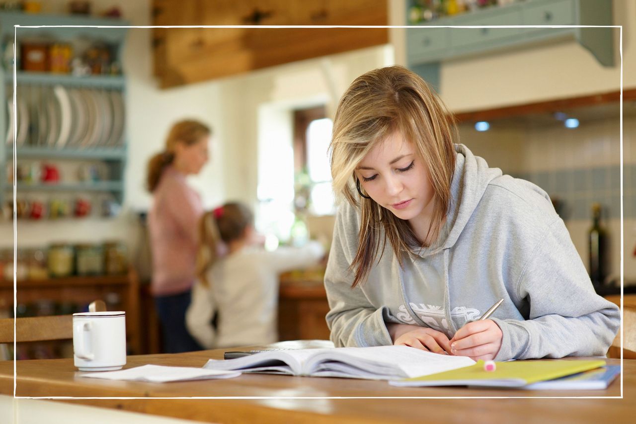 Teen doing homework or revising in the kitchen at home