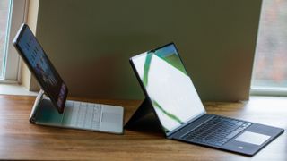 Galaxy Tab S8 Ultra and iPad Pro propped up