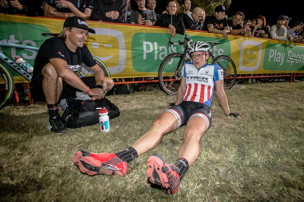 Katie Compton (Trek) on the ground after a hard race
