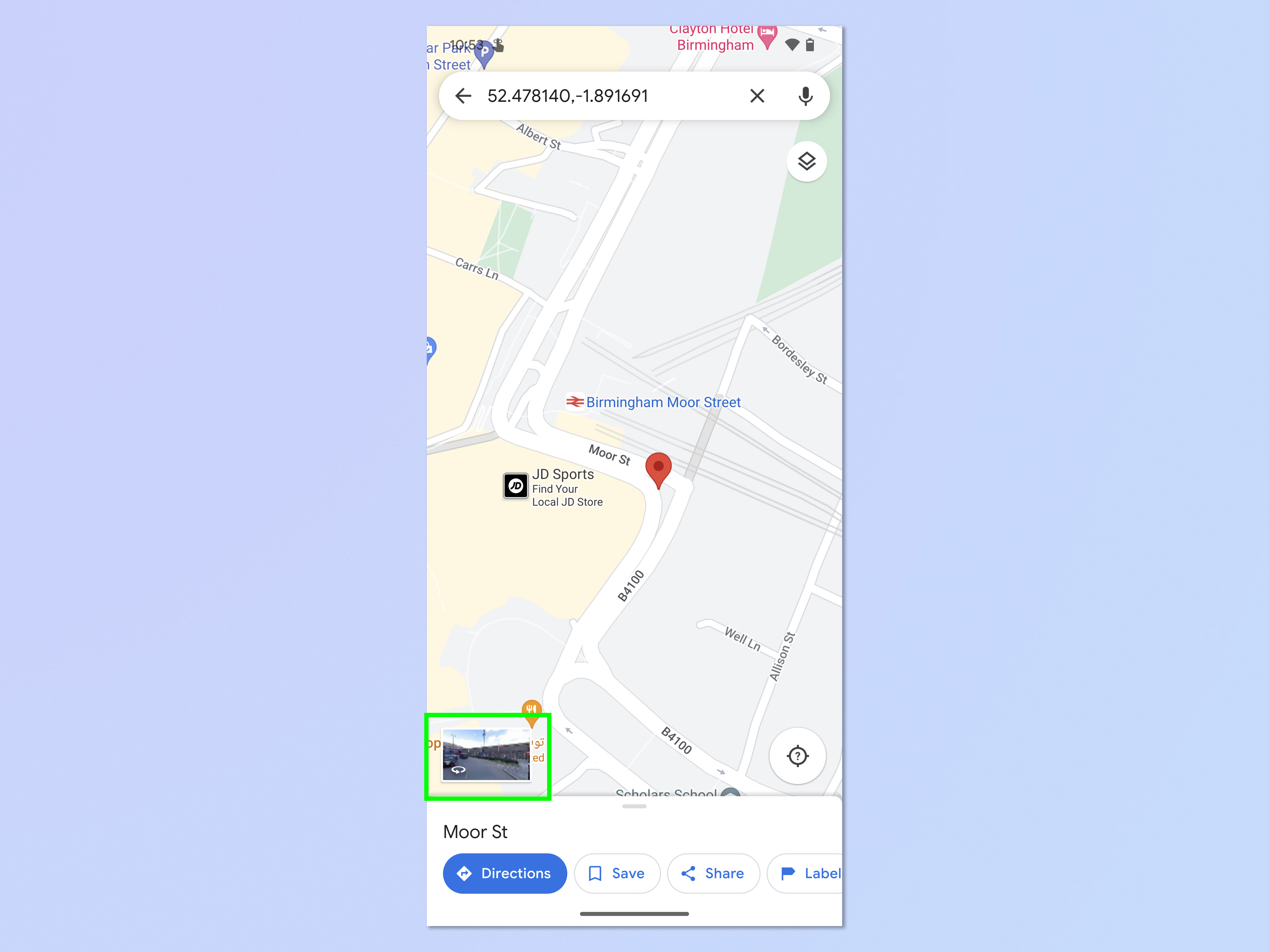 Скриншот, показывающий, как использовать Google Maps Street View на Android