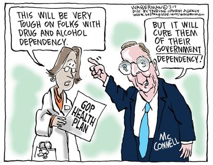 Political cartoon U.S. GOP health-care bill Mitch McConnell drug addiction government dependency