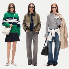 Women wear J.Crew. One model wears green sweater and skirt. Another wears green khaki barn jacket and black faded jeans. The last one wears button down, trench coat, jeans, and a sweater. 