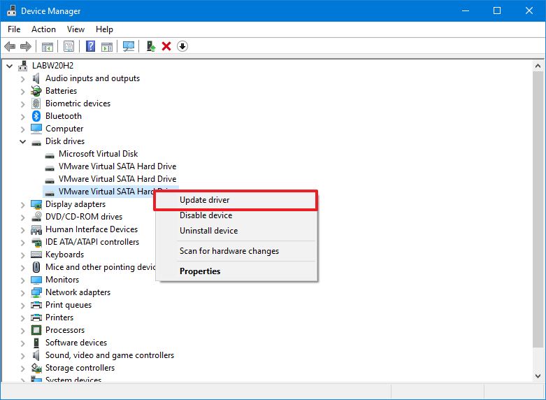 Device Manager update HDD driver option