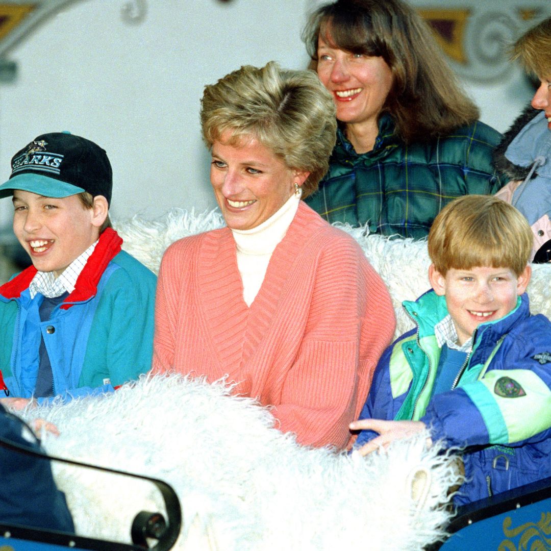 Princess Diana riding in a sleigh with Prince Harry and Prince William