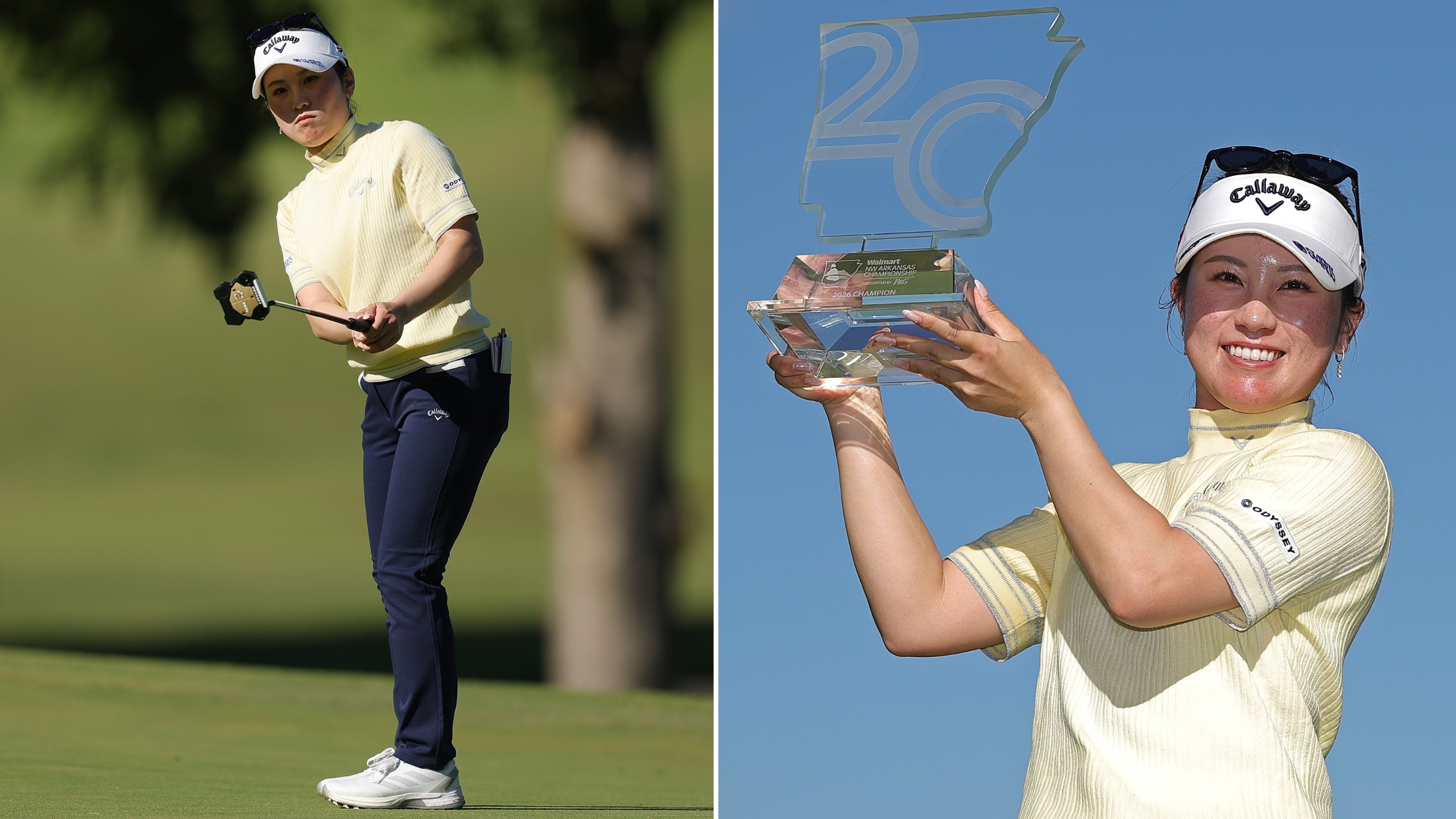 Yuna Nishimura hits a putt and lifts a trophy