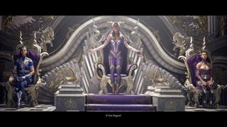 Sindel and her daughters Mileena and Kitana on their thrones in Mortal Kombat 1.