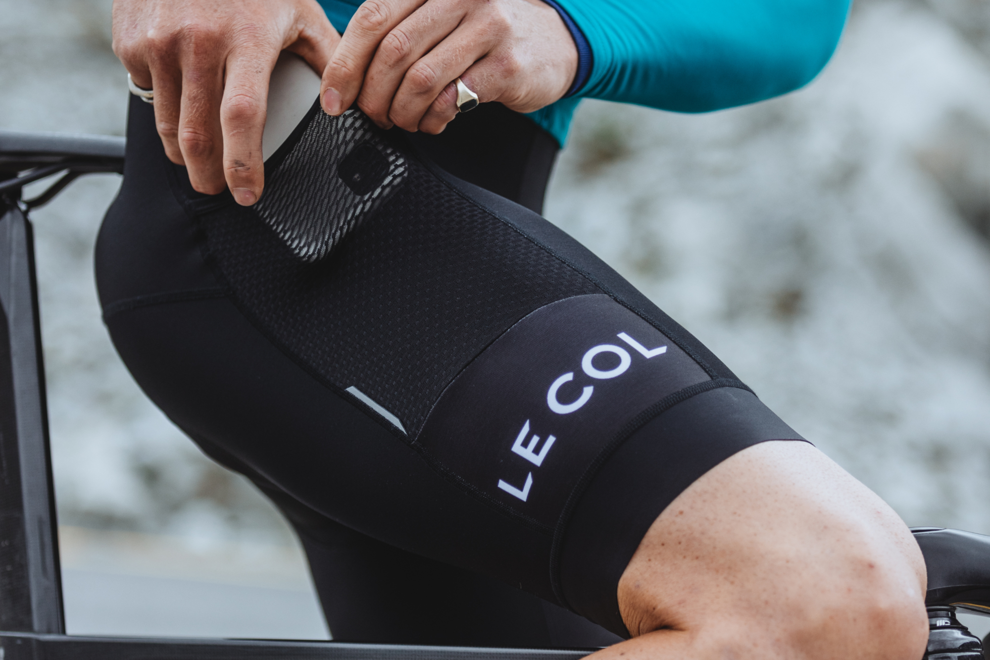 Close up detail on Le Col cycling bib shorts
