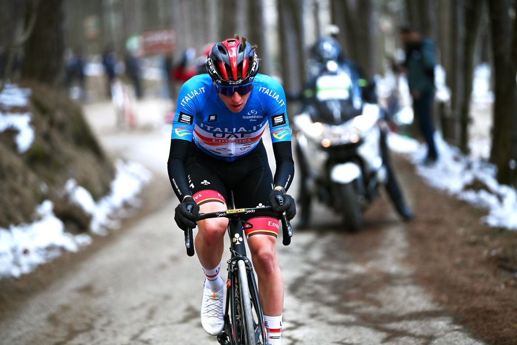 CARPEGNA ITALY MARCH 12 Tadej Pogacar of Slovenia and UAE Team Emirates Blue Leader Jersey attacks in the final climb to win the 57th TirrenoAdriatico 2022 Stage 6 a 215km stage from Apecchio to Carpegna 746m TirrenoAdriatico WorldTour on March 12 2022 in Carpegna Italy Photo by Fabio Ferrari PoolGetty Images 