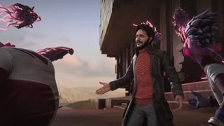 scene from a sci-fi tv show, depicting a bearded man in a red shirt with squid-like creatures cruising through the air near him