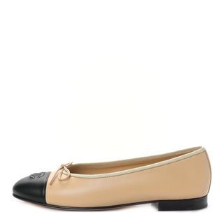 Chanel Lambskin Cap Toe Cc Ballerina Flats 39 Beige Black