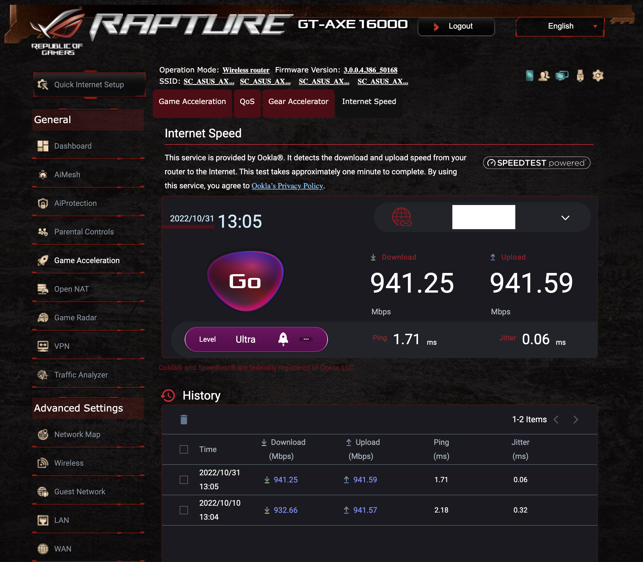 ROG Rapture GT-AXE16000 web tarayıcısı yazılımı ekran görüntüsü hız testi