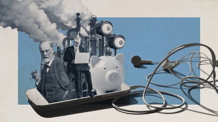 Photo collage of a phone with earbuds attached, with a piggy bank, Sigmund Freud, spy cameras, and a man in a tinfoil hat coming out of it.