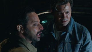 From left to right: Nick Kroll turned to his right looked scared and Andrew Rannells looking spooked in I Don't Understand You.