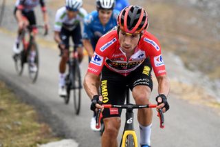 ALTU DEL GAMONITEIRU SPAIN SEPTEMBER 02 Primoz Roglic of Slovenia and Team Jumbo Visma attacks in the breakaway during the 76th Tour of Spain 2021 Stage 18 a 1626km stage from Salas to Altu dEl Gamoniteiru 1770m lavuelta LaVuelta21 on September 02 2021 in Altu dEl Gamoniteiru Spain Photo by Tim de WaeleGetty Images