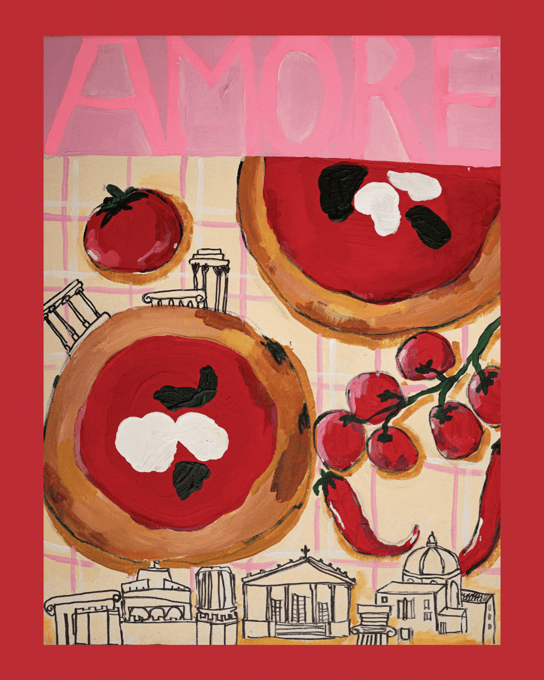 A rotating gif showing a print featuring pizza and sketched up Italian landmarks in colorful composition in red and pink.