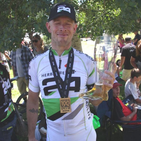 A racer celebrates in style