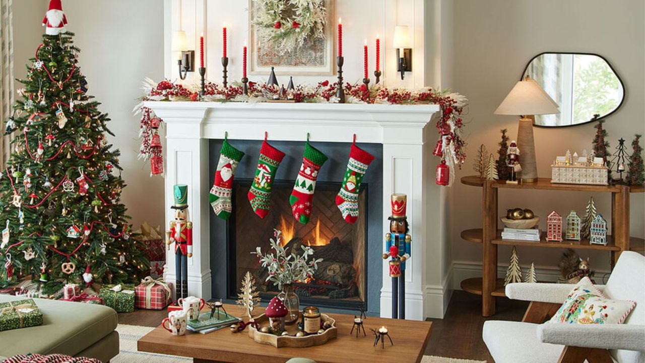 A living room decorated in World Market Christmas decor