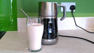 Strawberry protein shake prepared using Dreo BaristaMaker