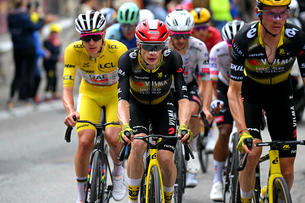 Tadej Pogacar of Slovenia and UAE Team Emirates - XRG - Yellow Leader Jersey and Jonas Vingegaard of Denmark and Team Visma | Lease a Bike compete during the 112th Tour de France 2025, Stage 18