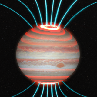 Jupiter is shown in visible light for context with an artistic impression of the Jovian upper atmosphere's infrared glow overlain, along with magnetic field lines (blue lines). The aurorae are the hottest regions and the image shows how heat may be carried by winds away from the aurora and cause planet-wide heating.