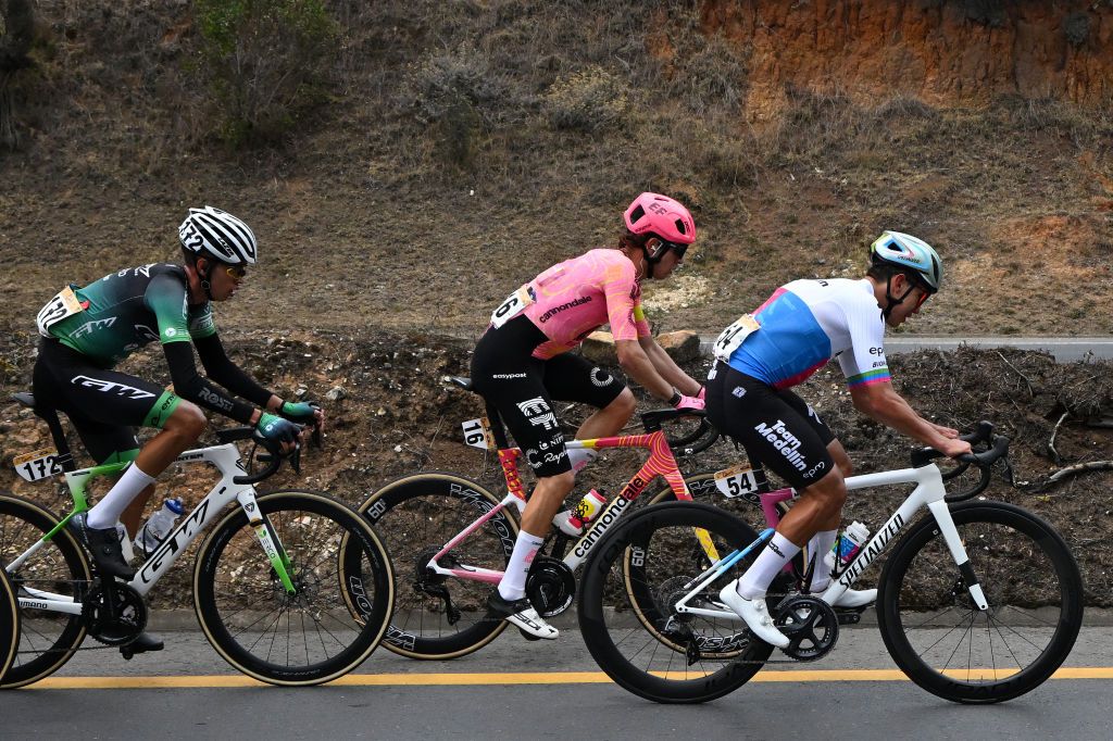 SANTA ROSA DE VITERBO COLOMBIA FEBRUARY 07 LR Edgar Andres Pinzon of Colombia and Team GW Erco Shimano Andrea Piccolo of Italy and Team EF Education EasyPost and Javier Ernesto Jamaica of Colombia and Team Medellin compete during the 4th Tour Colombia 2024 Stage 2 a 1686km stage from Paipa to Santa Rosa de Viterbo 2751m on February 07 2024 in Santa Rosa de Viterbo Colombia Photo by Maximiliano BlancoGetty Images