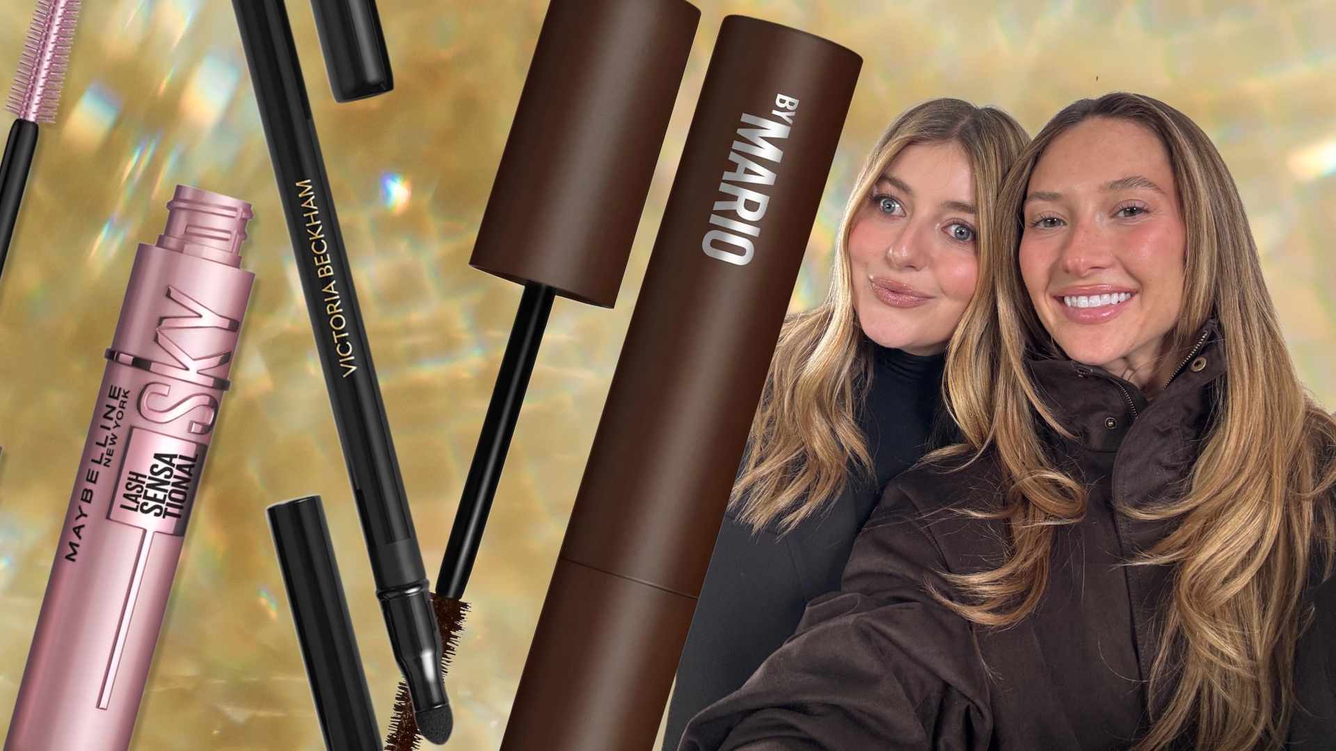 two girls on a gold background next to mascara and eyeliner