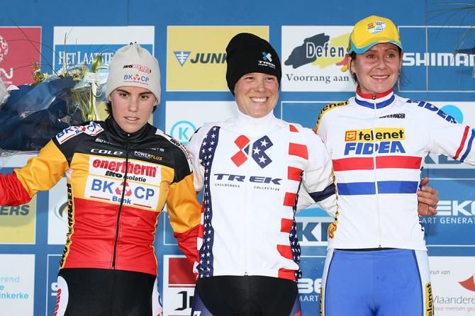 Elite women's podium at Koksijde World Cup (L-R): Sanne Cant, Katie Compton and Nikki Harris