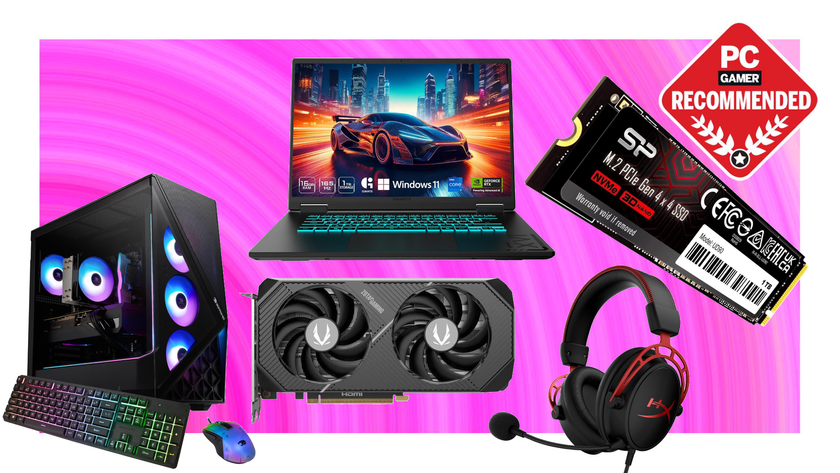 Various bits of hardware float in the swirling pink PC G deal void.