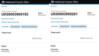 Screenshot from UK Intellectual Property Office showing Samsung ISOCELL Zoom trademark registration