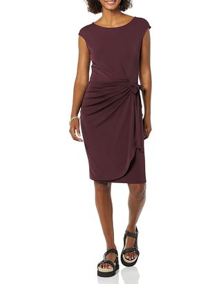 Amazon Essentials Women's Cap Sleeve Boat-Neck Faux Wrap Dress, Burgundy, Large