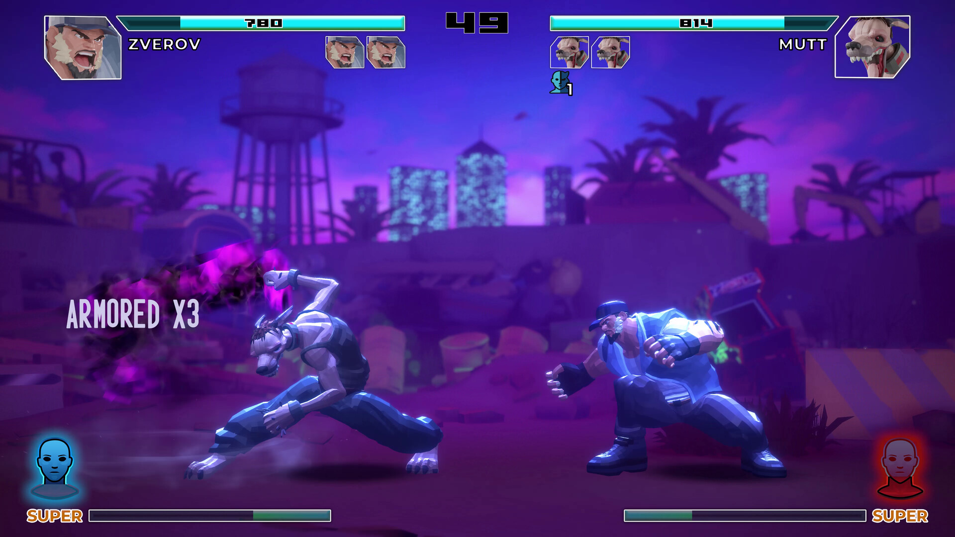 A fighter called Zevrov fights a dog-like opponent called Mutt in fighting roguelike, Poly Fighter