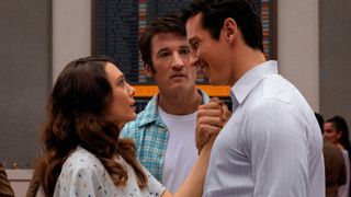Elizabeth Olsen, Miles Teller, and Callum Turner as Joan, Larry, and Luke in Eternity