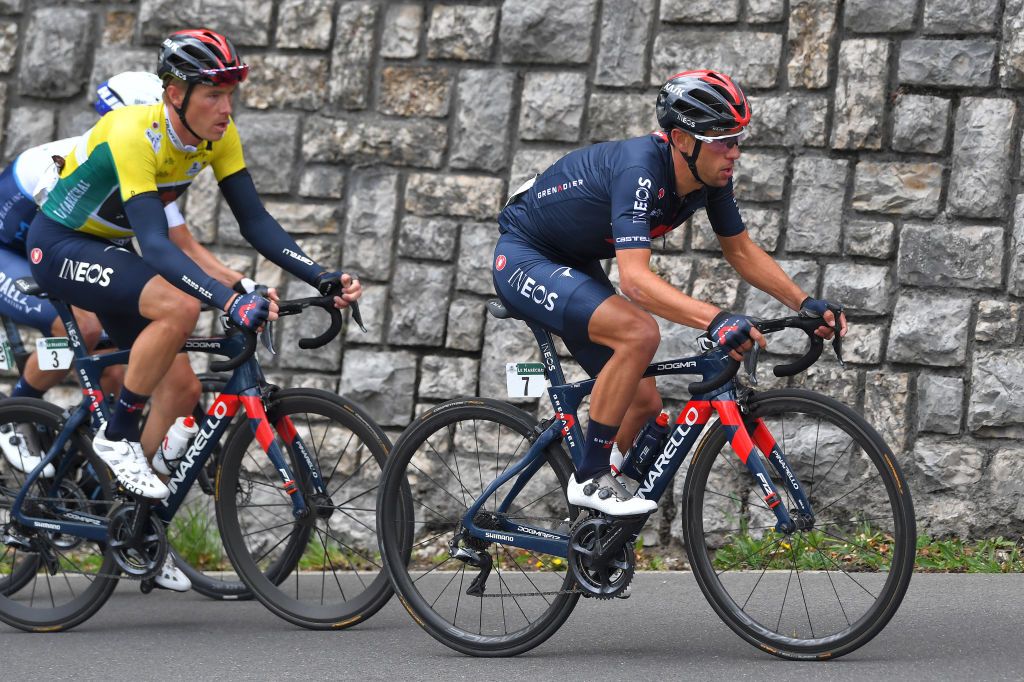 SAINTIMIER SWITZERLAND APRIL 29 Rohan Dennis of Australia Yellow Leader Jersey Richie Porte of Australia and Team INEOS Grenadiers during the 74th Tour De Romandie 2021 Stage 2 a 1657km stage from La Neuveville to SaintImier TDR2021 TDRnonstop UCIworldtour on April 29 2021 in SaintImier Switzerland Photo by Luc ClaessenGetty Images