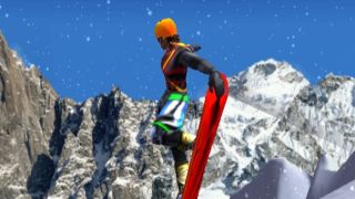 A screenshot of a snowboarder performing a trick in the air during the PS2 game SSX Tricky.